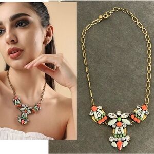 J.Crew orange green clear crystal rhinestone chunky boho statement necklace